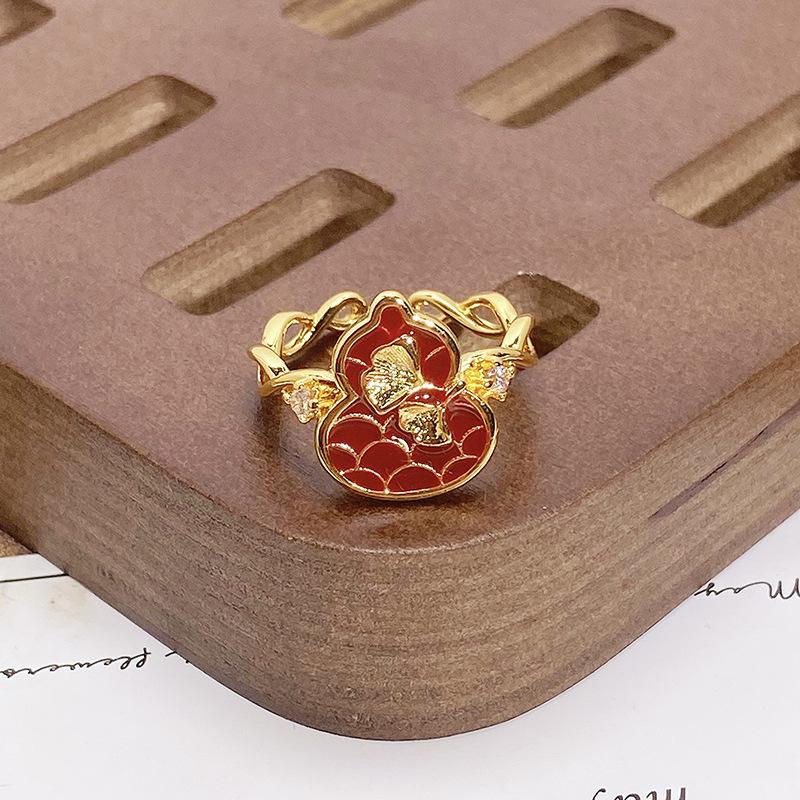 Court Style Medieval Red Lucky Transfer Enamel Drip Oil Opening Ring Butterfly High Sense Ring Woman