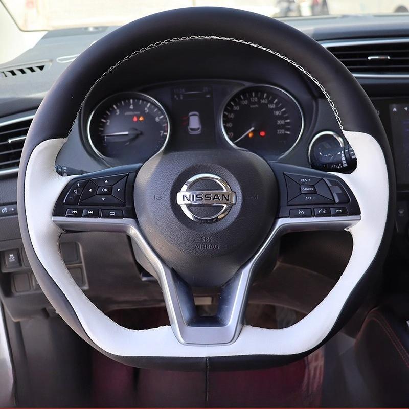 Ručně šitý protiskluzový černobílý kožený potah na volant auta Pro Nissan X-Trail Qashqai Rogue (Sport) 2017-