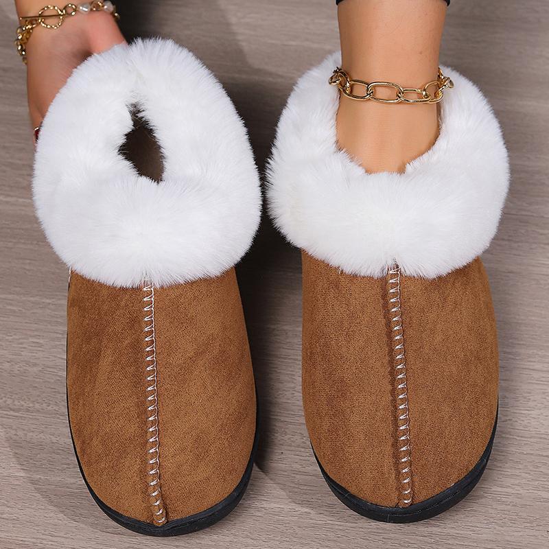 Fashion Faux Fur Cotton Slippers for Women Sewing Slip On Non Slip Plush Slippers Woman Soft Bottom Warm Cotton Shoes Mujer