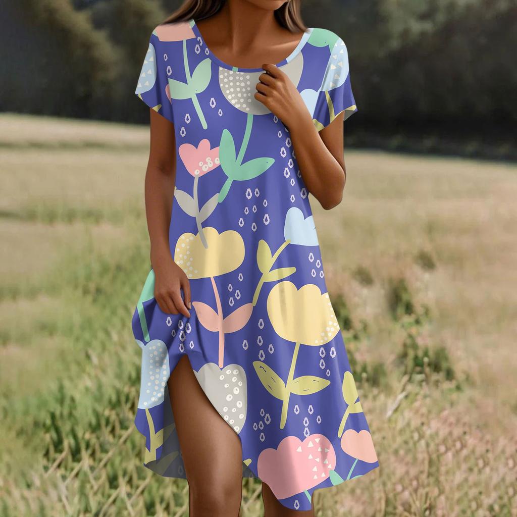 Kurzärmeliges Boho-Kleid für Damen, lässig, lockere Passform, Sommerkleid mit Blumendruck und Taschen
