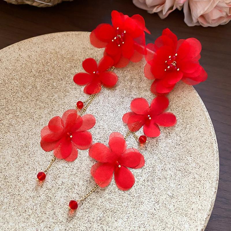 Silver Needle Holiday Style Fabric Flower Fringed Earrings Sweet Atmosphere Earrings Niche High Sense Exaggerated Earrings Women