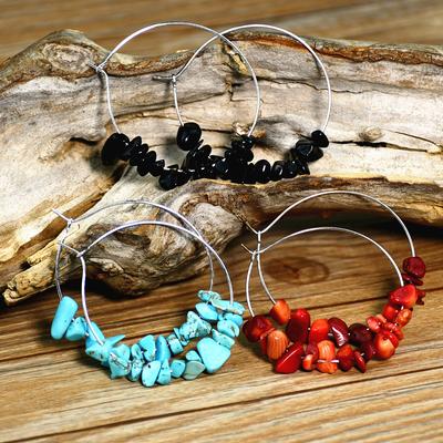Bohemian Natural Stone Chips Beaded Hoop Earrings Women Colorful Turquoise Amazonite Amethyst Rose Quartz Ear Zircon