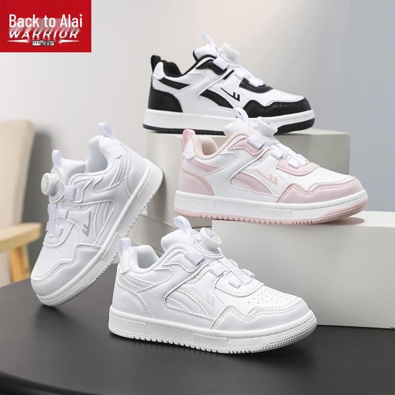 Warrior Kids' Winter 2025 White Leather Sneakers with Rotating Button for Boys and Girls - Versatile Casual Shoes