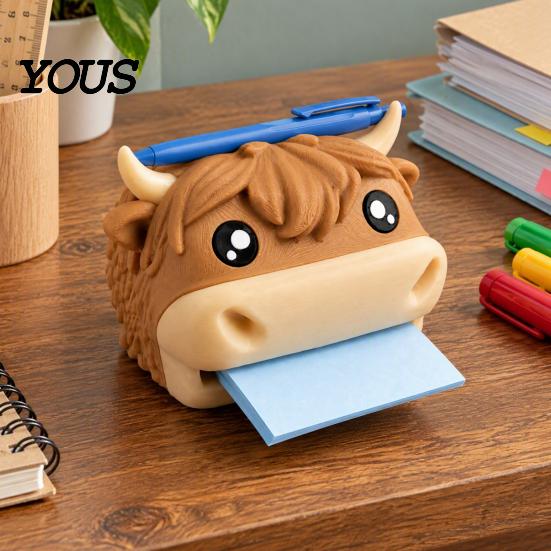 Kuh-Themen-Schreibwaren 3D-gedruckter Hochland-Haftnotizhalter, Niedliche Schreibtischbox Einzigartiger Schreibtisch-Organizer für Büro und Klassenzimmer, Cartoon To-do
