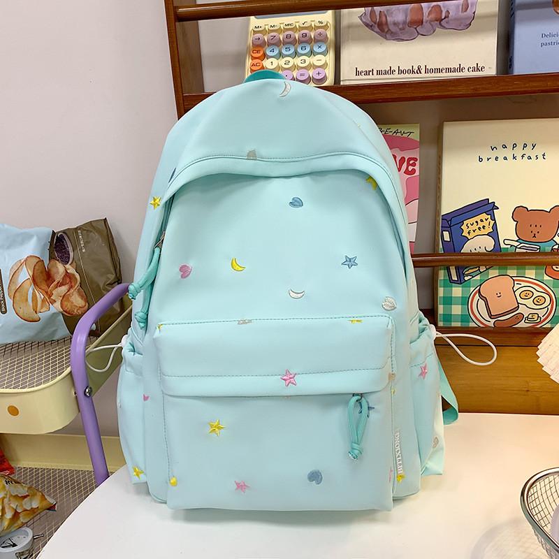 Waterresistant Student Backpack With Star And Moon Embroidery Design For Casual Travel And School