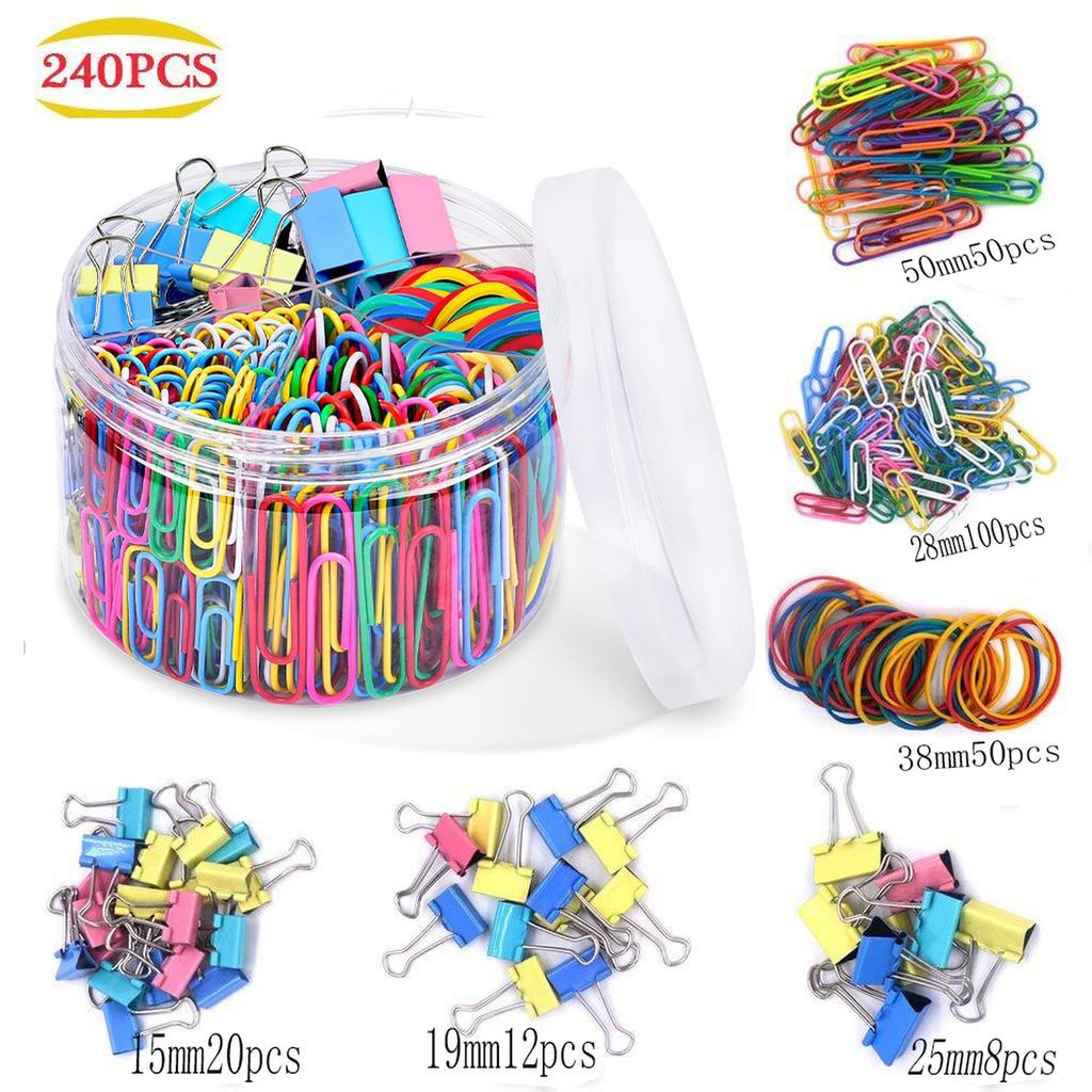 240pcs Office Supplies Set Including Paper Clips Binder Clips Rubber Bands and Push Pins for Document Organization and Home Office Use