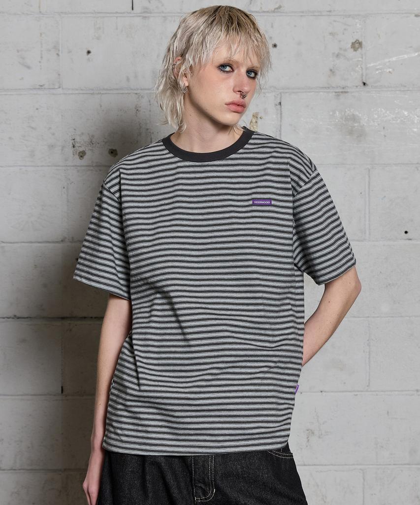HOODHOOD Logo Stripe Short Sleeve T-Shirt Gray