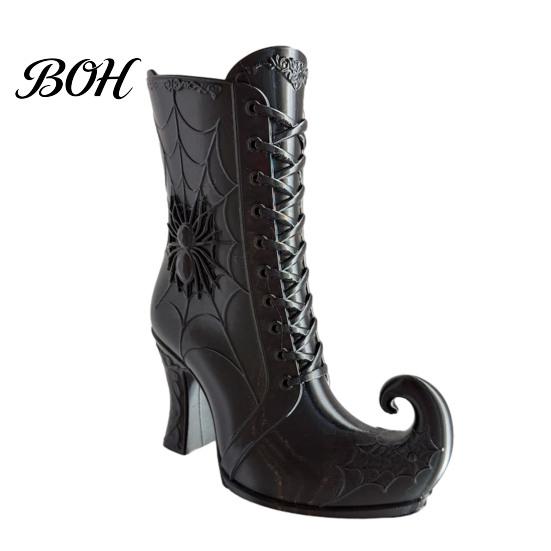 Decorative Mantel Ornament Gothic Witch Boot Vase, Halloween Table Centerpiece Black Spider Web Rose Container High Heel, Flower Holder for