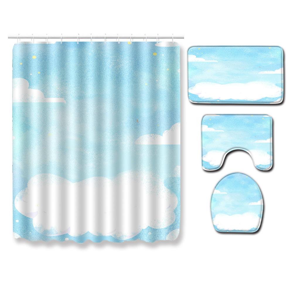 Watercolor Textured Bathroom Shower Curtain Floor Mat Toilet Cover Foot Mat Four-Piece Set