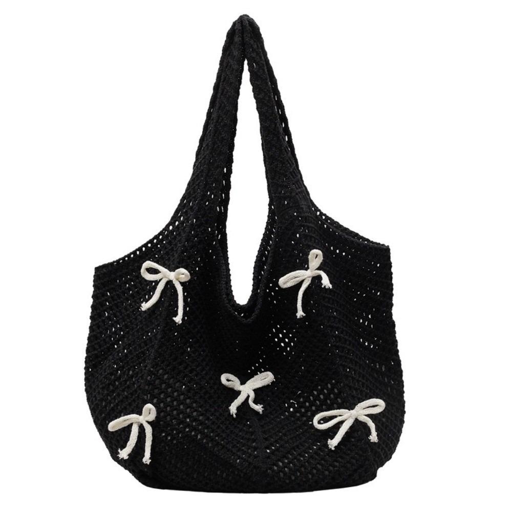

Casual Bow Knitted Shoulder Bag Bohemian Large Capacity Weave Handbag Bowknot Hollow Crochet Tote Bag Beach чёрный