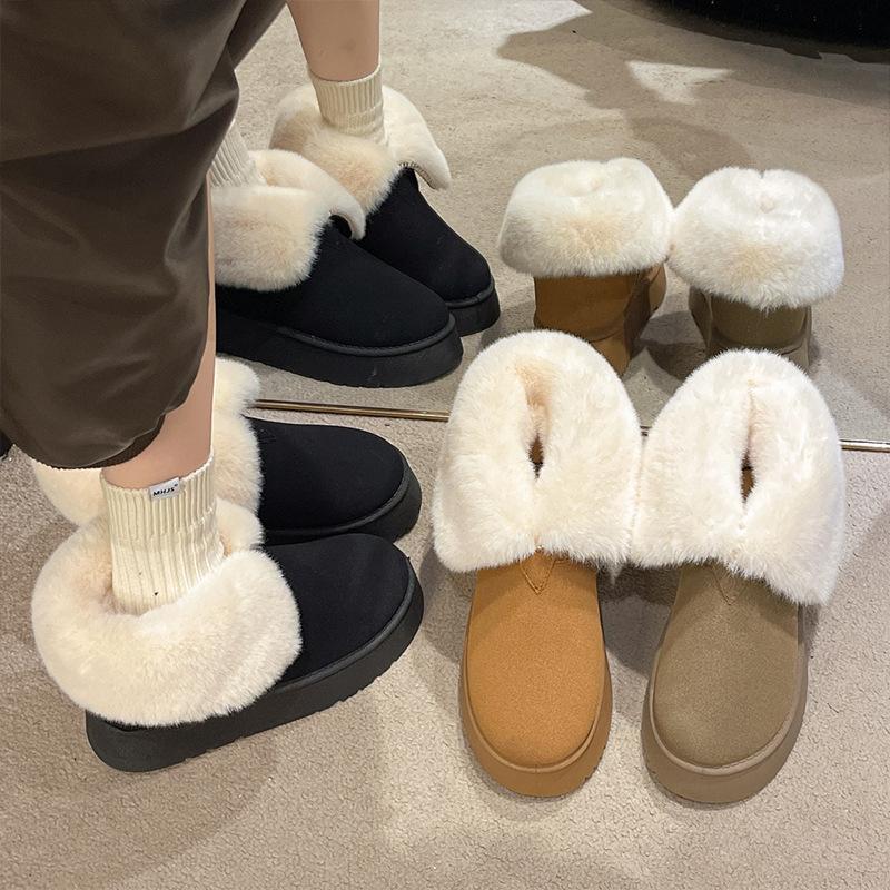 Fur and Fur Integrated Snow Boots for Women Winter with Thick Velvet and Outer Wear Warm and Thick Soled Cotton Bread Shoes