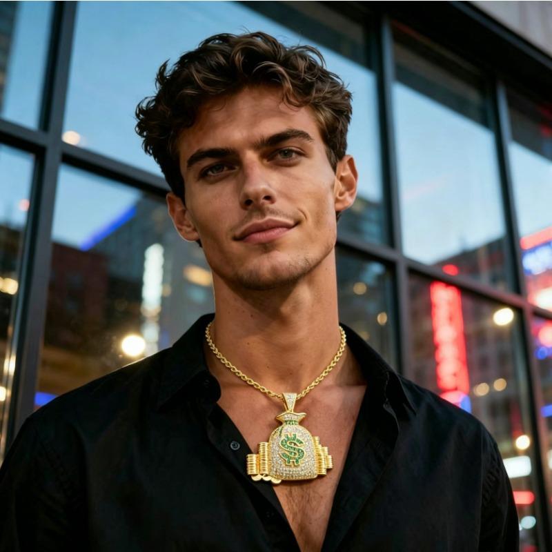 European and American Hip Hop Beauty Money Bag Necklace Copper Set Zircon Dollar Symbol Pendant Trendy Brand Personalized Men's Necklace Accessories