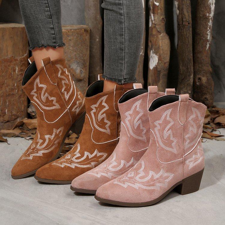Fashion Woman  Suede Boots Fashion Slip On Ladies Embroider Square Heel  Retro Pointed Toe Women's Mid Calf  Boots Shoes Footwear 954