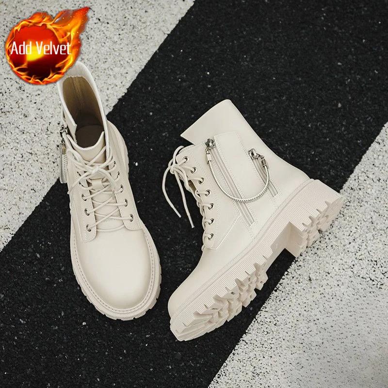 Fashion Punk Style Fur Black Booties Combat Leather Autumn Winter Ankle Boots for Women Hot Pu Footwear Boot Goth Sale Woman Short Shoes
