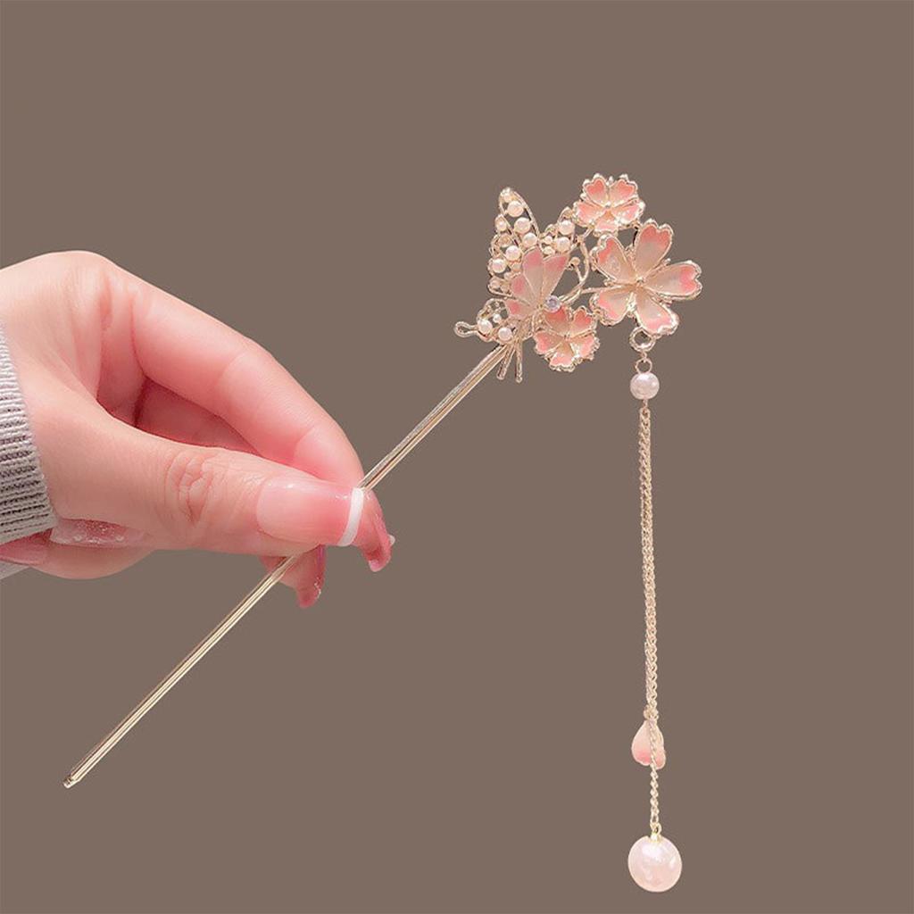 Pink Flower Butterfly Hair Pin Pearls Hair Sticks Forks Gold Color Alloy Headpiece Women Girls Hanfu Dress Chinese Hair Jewelry