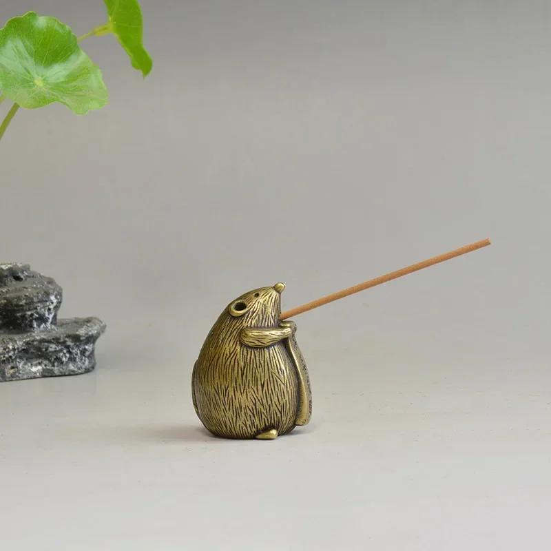 Small Creative Crafts Hollow Brass Lucky Mouse Statue Home Decoration Desktop Ornament Cute Animal Rat Figurines Incense Holder
