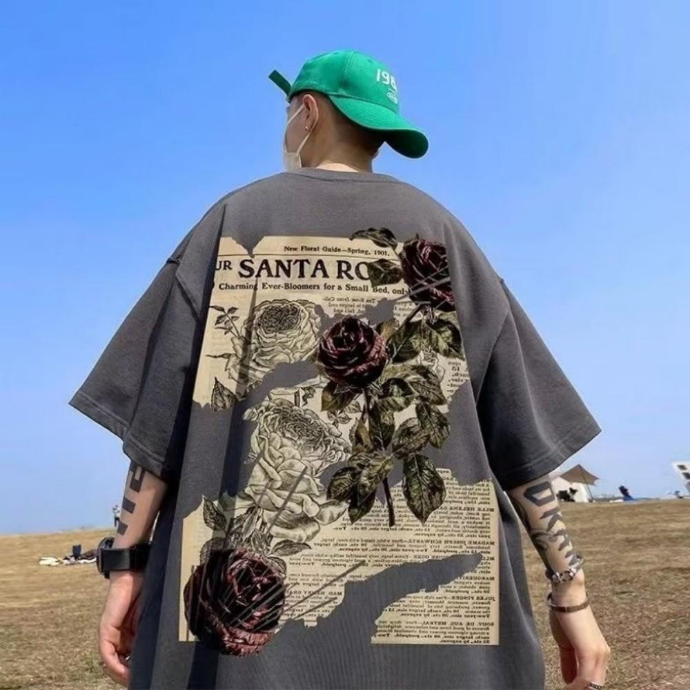

Summer Fashion Men s Breathable Round Neck T-shirt Rose Old Newspaper Printed Outdoor Urban High Street Top 4XL