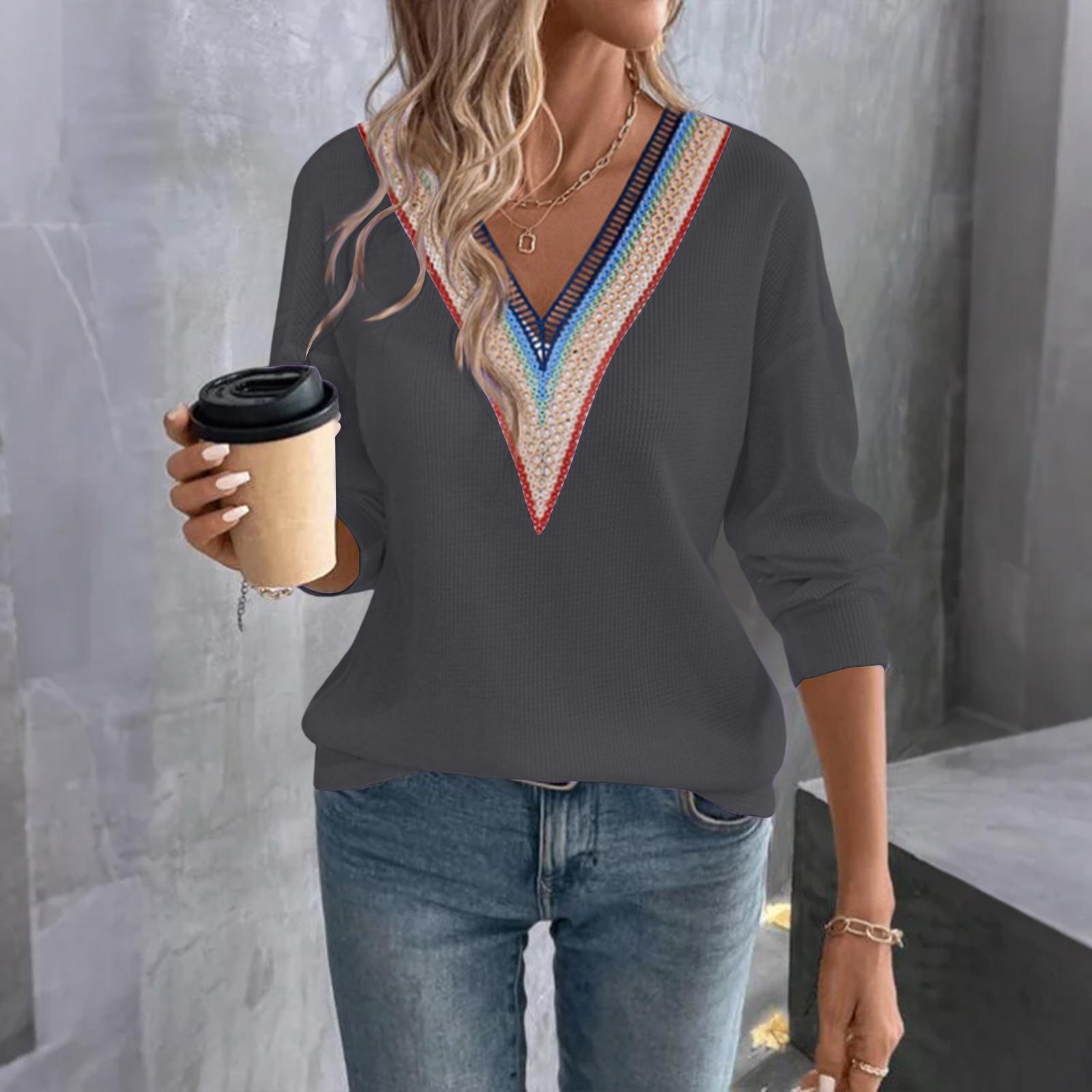 Women s Fashionable Casual Long-Sleeved Lace-Trimmed Color-Blocked V-Neck Top/T-Shirt L