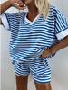 European and American Women's Stripe Knit Two-Piece: Loose Sweatshirt & High-Waisted Shorts Set