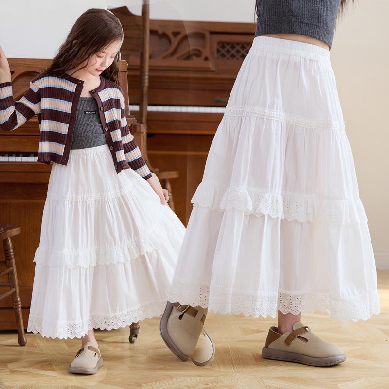 Girls' Long High Waist Lace Cake Skirt - White Spring/Autumn 2025