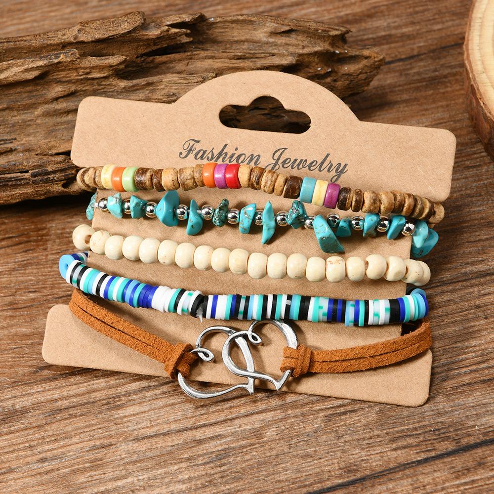 Boho Beaded Stack Bracelet Set, Multi-Layer Wood & Turquoise Bead Bracelet for Women, Bohemian Casual Beach Jewelry