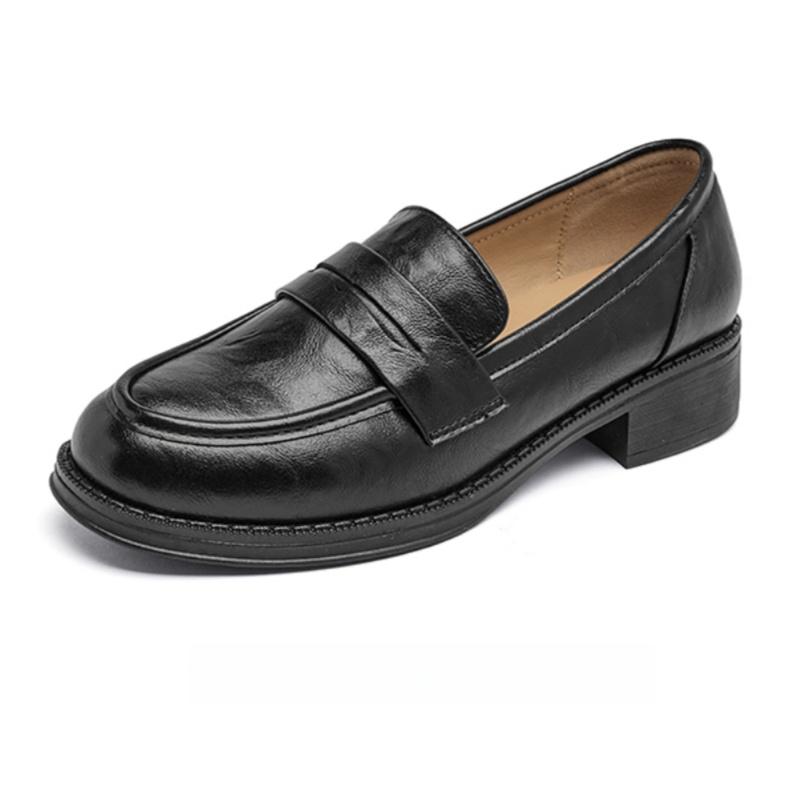Laofers Shoes 2025 New Spring And Autumn Soft Leather Vintage British Style Women's Shoes Lazy Bottom Mid-heels Women Shoes