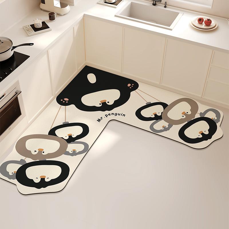 L-shaped Kitchen Carpet Cute Cartoon Diatom Mud Floor Mat Creative Water-absorbing Corner Bathroom Mats Non-slip Washable Rug IG