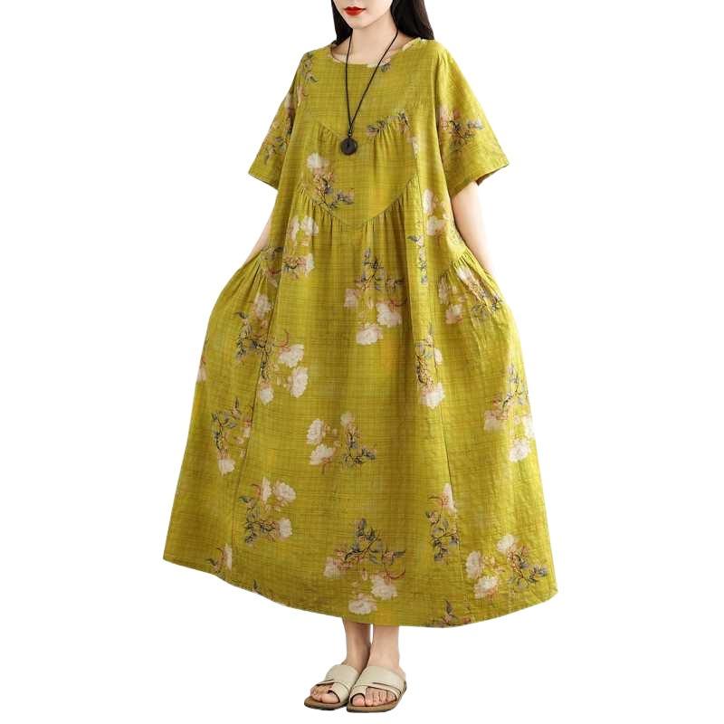 Summer Cotton and Linen Round Neck Short Sleeved Dress for Women