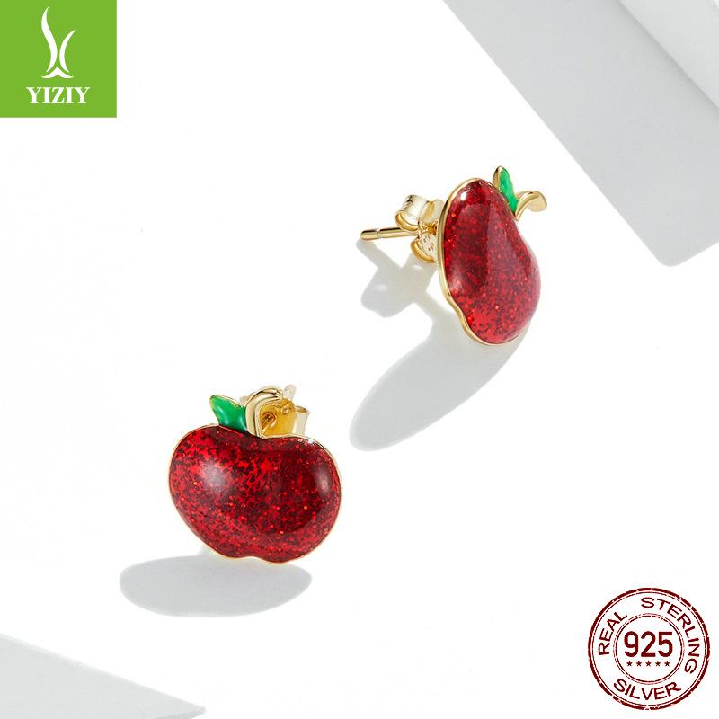 Yinziyun Christmas Apple Red Drip Oil Stud Earrings, Women’s European/American Holiday, S925 Silver.