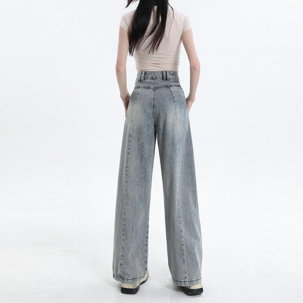 Simple Commuter Pleated Wide-leg Jeans Women's High Waist Spring and Autumn New Loose and Versatile Wide-leg Jeans
