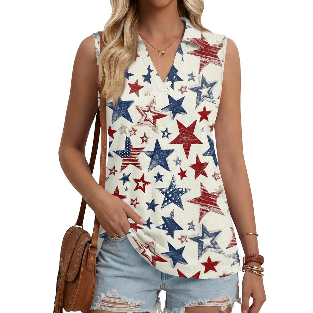 Women Sleeveless Button Front Vest Independence Day Print V Neck Collar Casual Fashion Tank Top