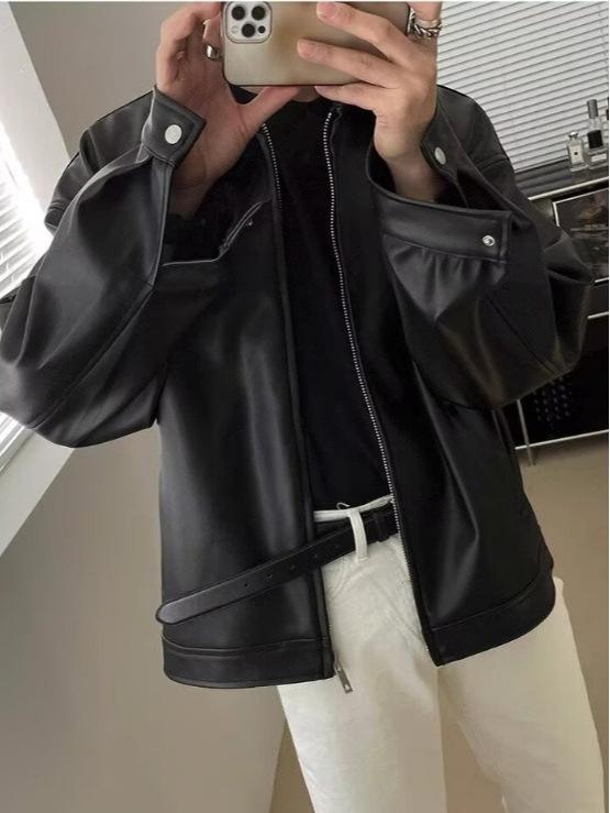 Men's Retro Motorcycle Leather Jacket - Casual, Trendy, Handsome PU Vest for Spring and Autumn in Black