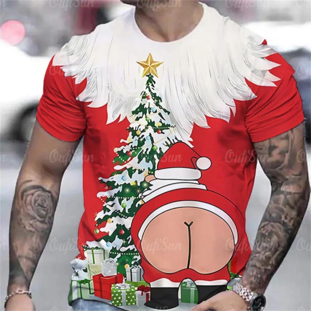 Christmas Men's T-shirt O Neck Red Santa Tshirt For Men Xmas Oversized Fashion Streetwear Short Sleeve Tops Harajuku Men Clothes