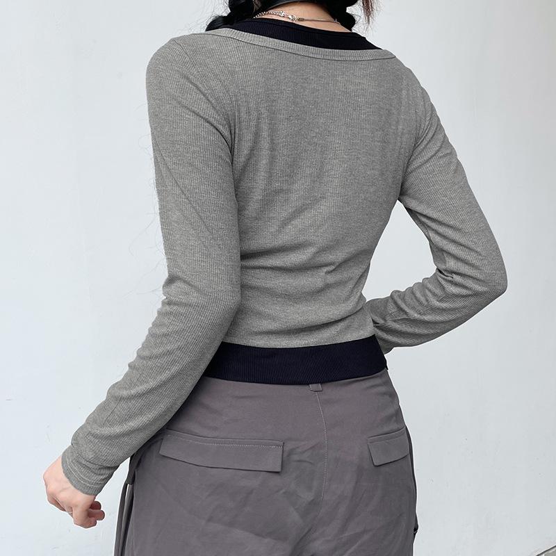 Women Splicing Against Color Semi-open Collar Button Top Retro Off-the-shoulder Slim Showing Leggings T-shirt