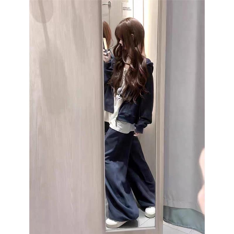 

Women s Korean Style Navy Blue Casual Suit Set: Hooded Zipper Sweatshirt and Loose Sweatpants, Spring Fashion Two-Piece. XXL