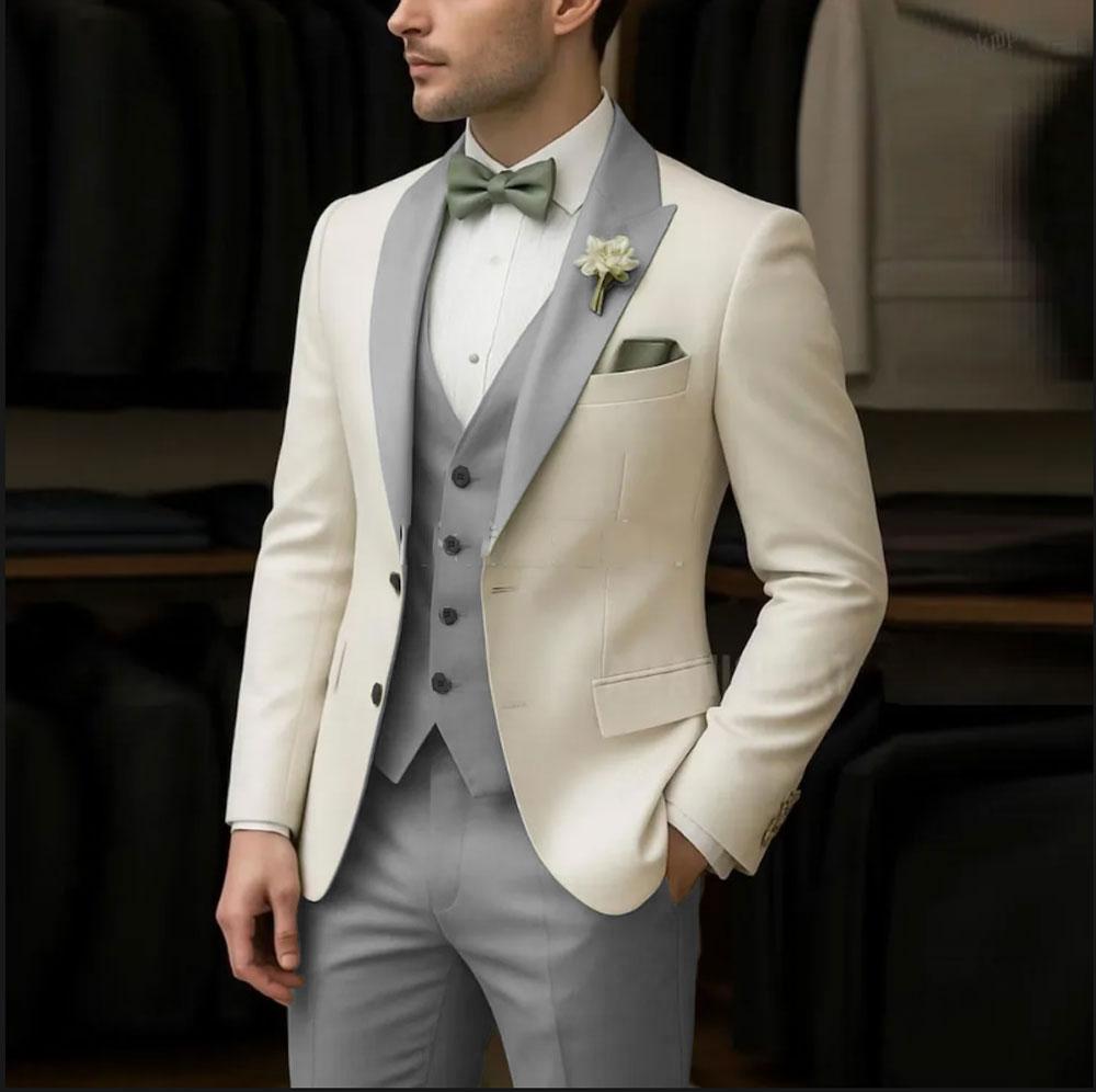 New Beige And Mint Green Formal Men Suit Groom Groomsman Wedding Party Prom Business Male Tuxedos 3 Piece Set Blazer Vest Pants