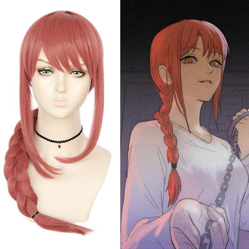 Peluca Cosplay Makima de Chainsaw Man Trenza Rosa Cabello Sintético Largo y Suave Para Fiesta de Halloween