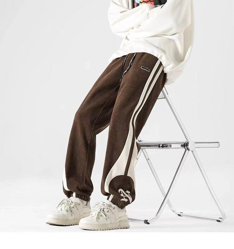 Men's Autumn Corduroy Contrast Color Sweatpants Vintage Warm Track Pants Streetwear Loose Casual Stripe Trousers