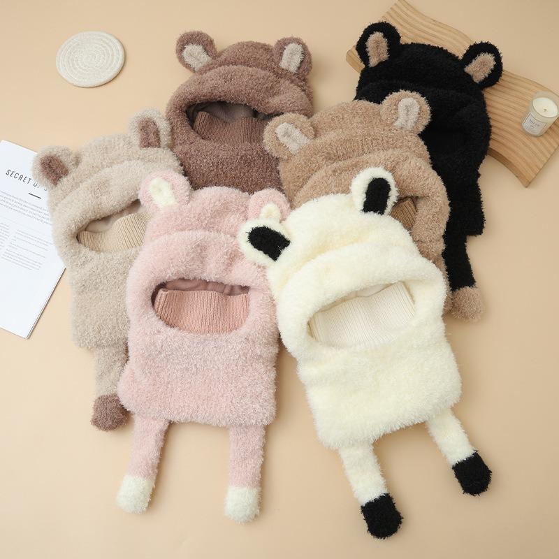 Autumn and Winter Hat Women's Bear Ears Cute Velvet Thermal Hat Scarf Integrated Ear Protection Windproof Pullover Hat