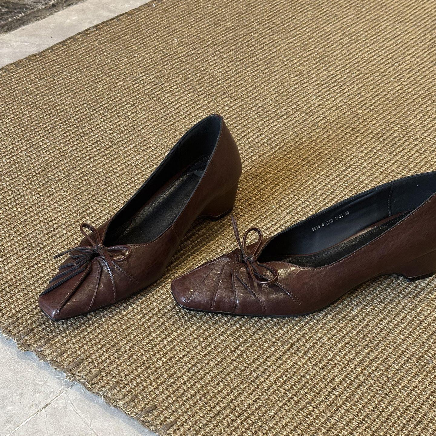 

Sheepskin version~ French retro square head bow pleated niche design femininity commuting versatile light mouth single shoes 40