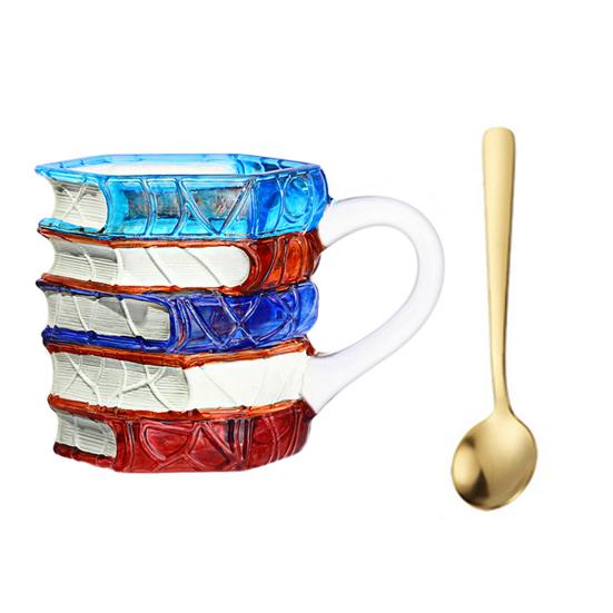 Hand-Painted Book Mug 3D Glass Design Novelty Stacked Book Coffee Cup Literary Gift for Teachers & Book Lovers
