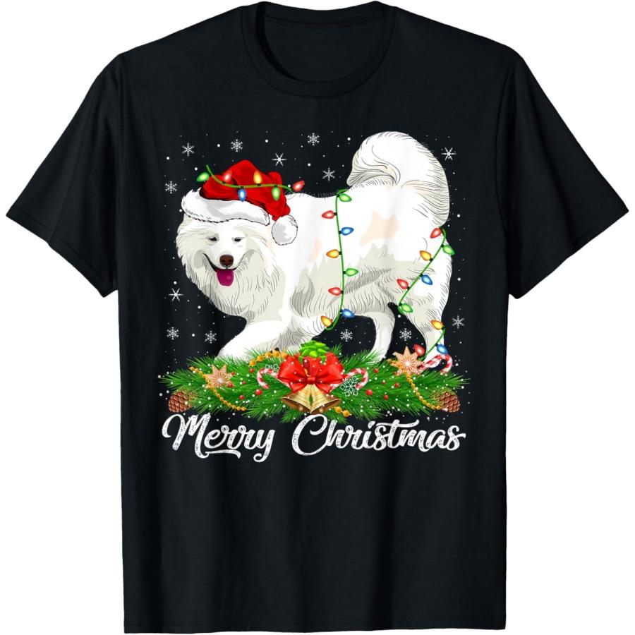 Самоед Собака Любитель Совпадающая Шапка Санты Самоед Рождественская Футболка S