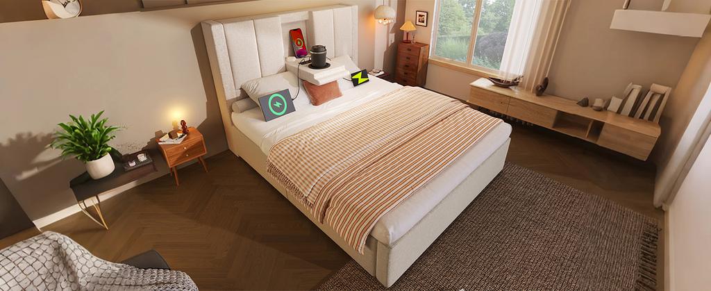 Upholstered Bed 90x200 cm Single with Hidden Cup Holder & Charging Station, Hydraulic with Storage Under the Bed, Linen Beige (Without Mattress)
