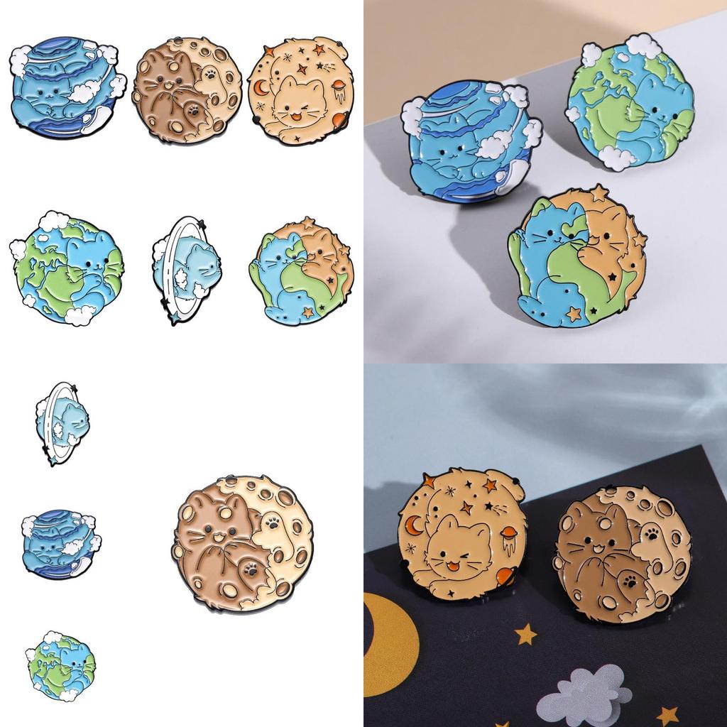 Cute Cartoon Creative Earth Ocean Protection Brooch Adorable Cat Planet Pin For Accessories