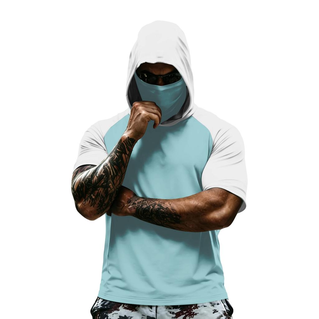 Men's Summer Camouflage Gradient Drying Short-sleeved T-shirt, Sun Clothing, Fishing, Fitness, Sports, Hooded Short-sleeved Shirt
