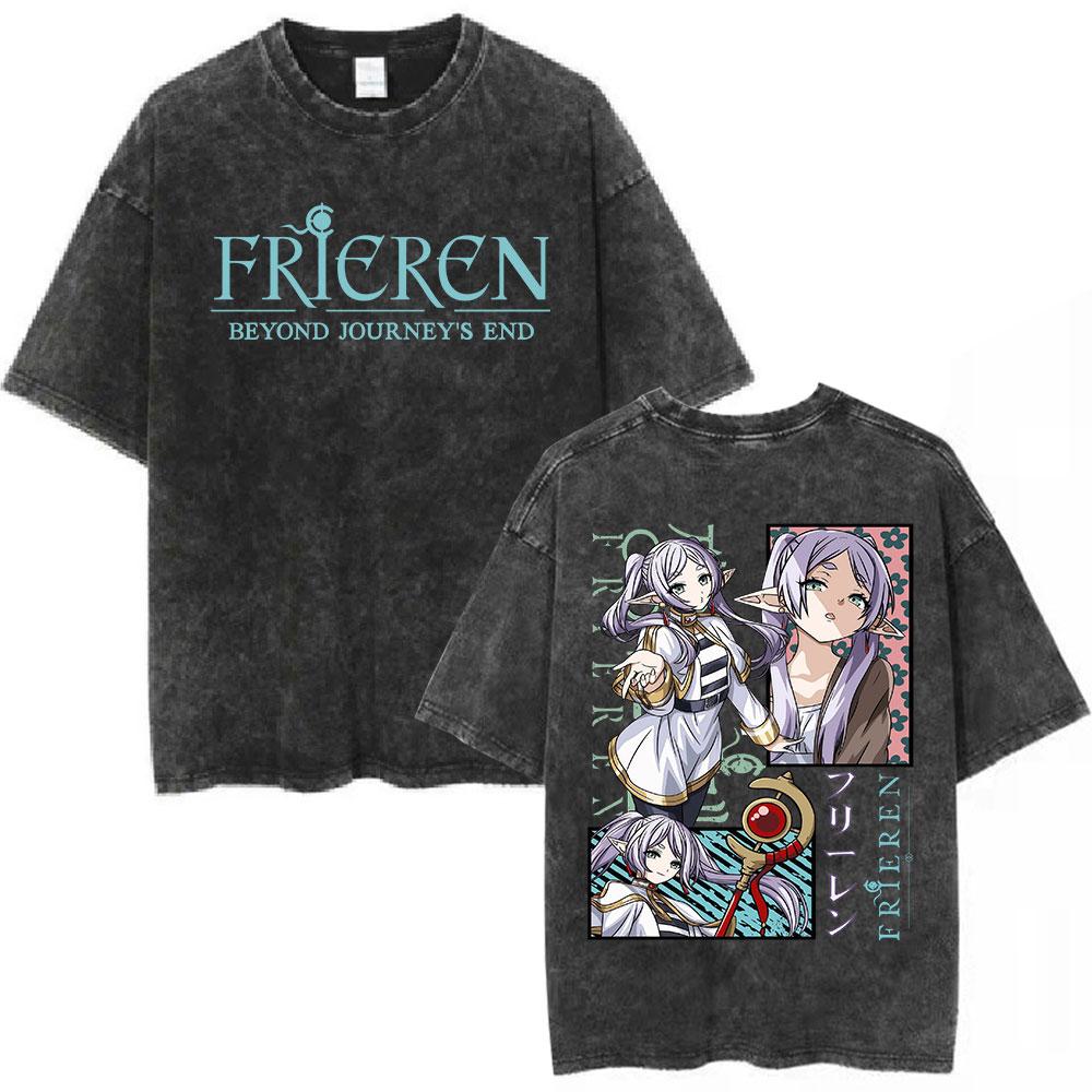 Washed Vintage Anime Frieren Beyond Journeys End Himmel Tshirt Men Women Fashion Harajuku Short Sleeve Cotton Casual Tshirts