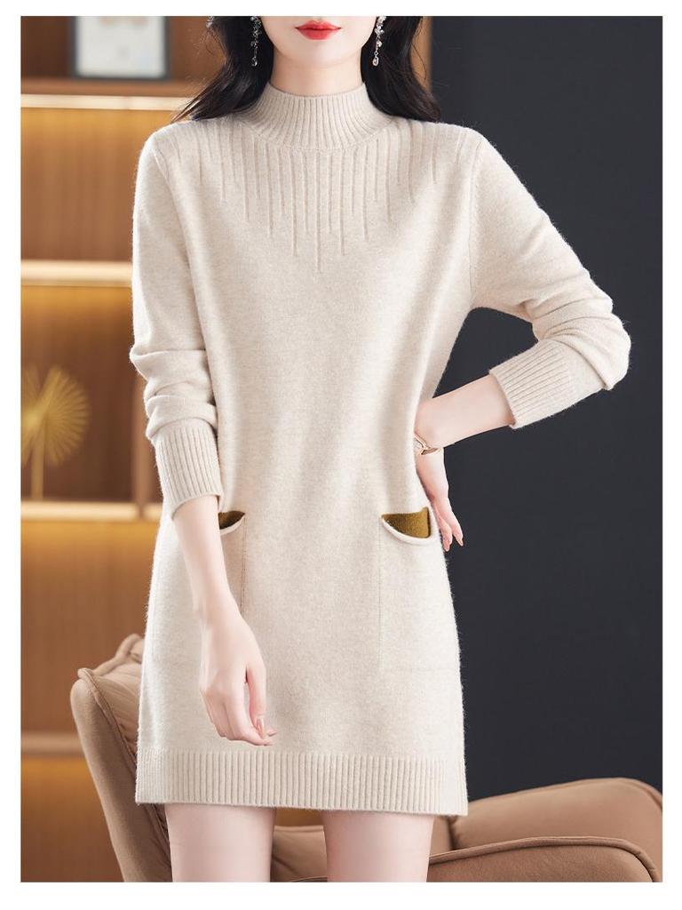 Women's Korean-Style Loose Knit Mid-Length Sweater with Pockets
