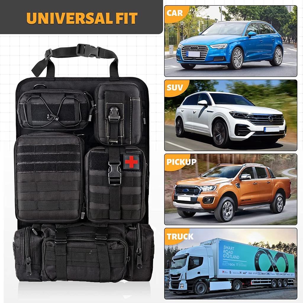 FUNY Tactical Car Seat Back Upgraded Tactical Vehicle Panel Organizer with 5 Removable Molle Universal Fit for Most Vehicles Organizer, Pouches,