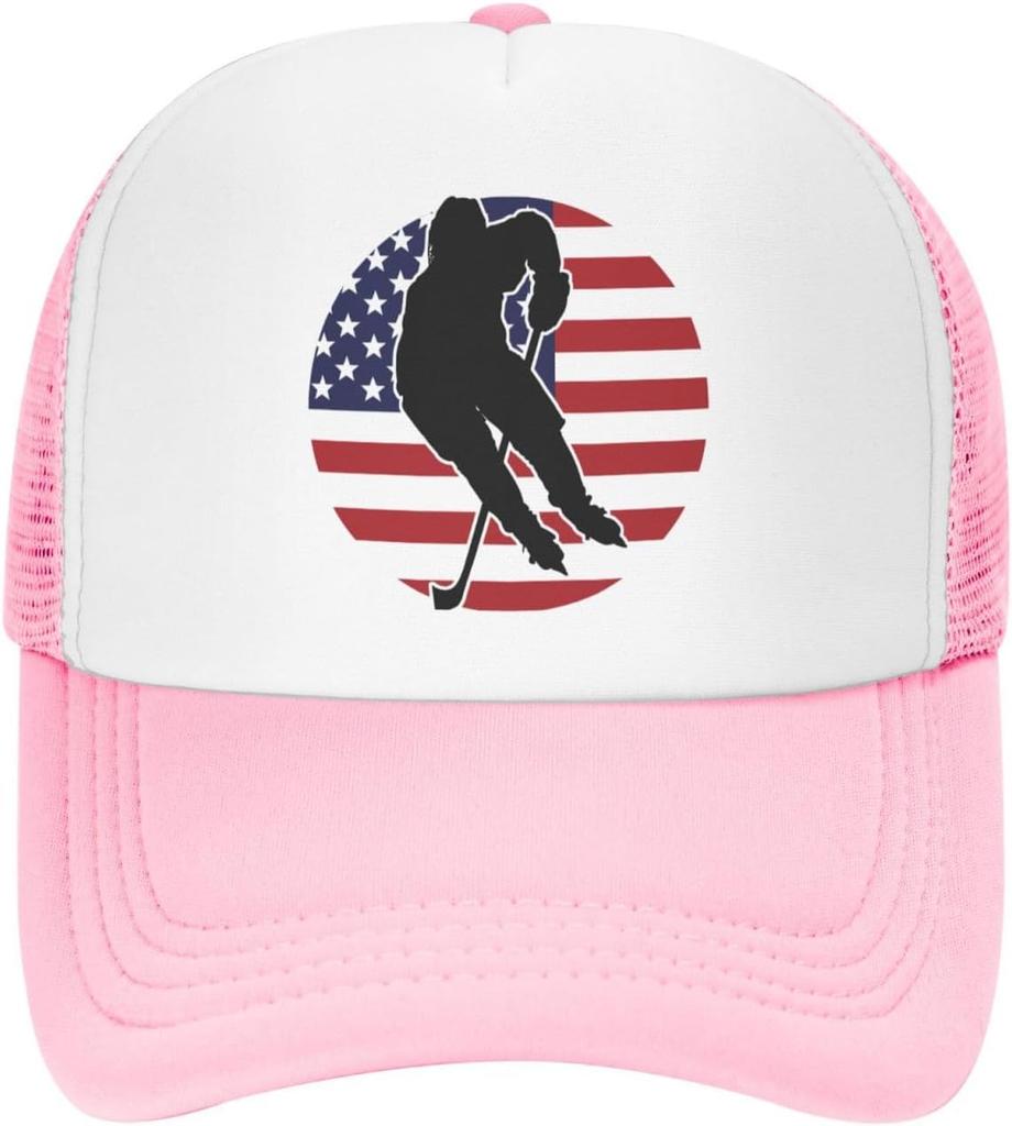 Hockey Player American Flag Graphic Trucker Hat Breathable Mesh Baseball Cap Adjustable Snapback for Adults