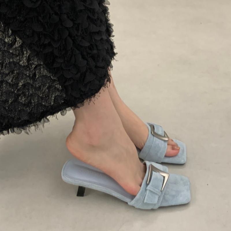 Summer Fashion Square Toe Slippers Women Buckle Strap Low Heels Beach Sandals Slide Party Shoes  Zapatos De Mujer